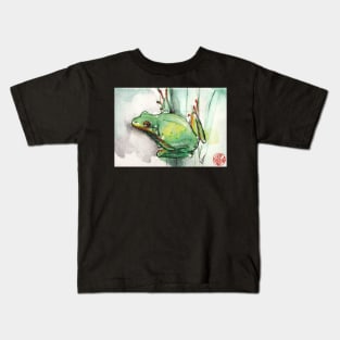 Green Tree Frog - watercolor and prisma pencil painting Kids T-Shirt